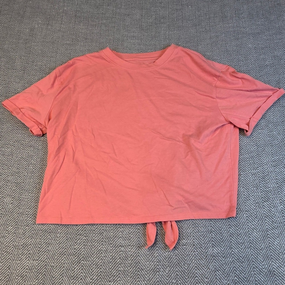 Flirtitude Active Pink Tie Back Crop Top Short Sleeve Crew Neck Shirt Large